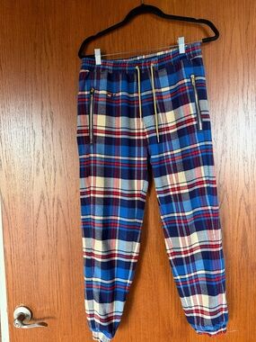 Aviator Nation Unisex Blue Plaid Jogger Pants with Zip Pockets